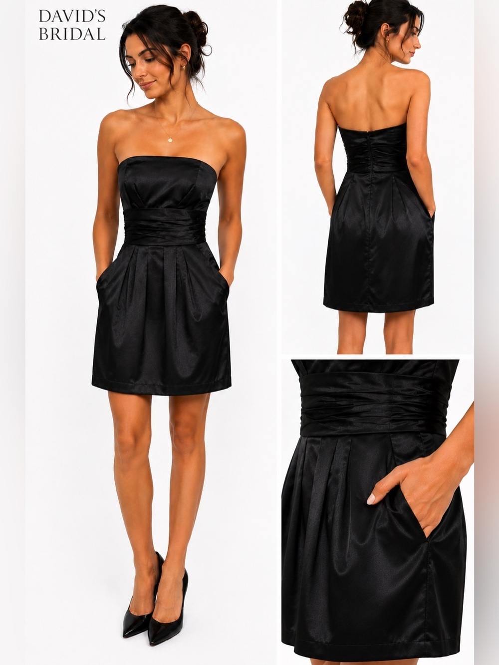 David’s Bridal Black Strapless Satin Cocktail Dress Size 4 Pockets dance